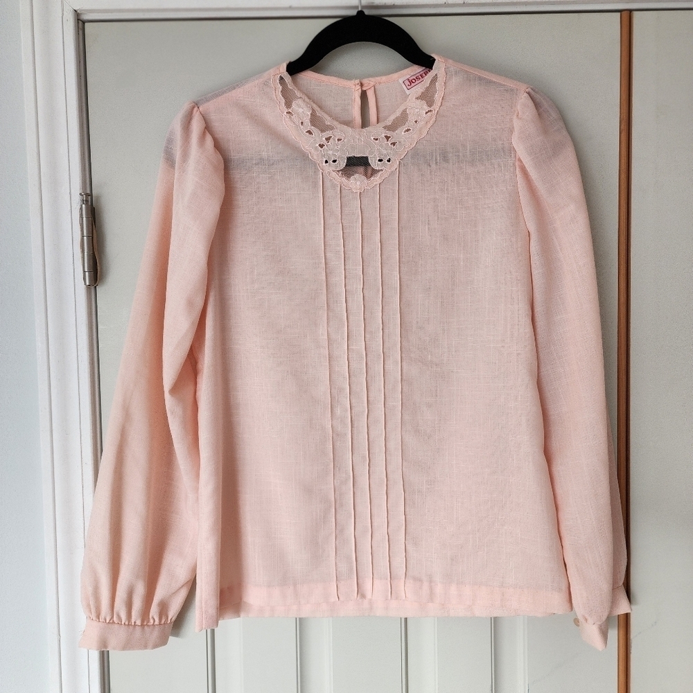 Vintage 1970s English Tea Peach Pink Embroidered Victorian Style Blouse S